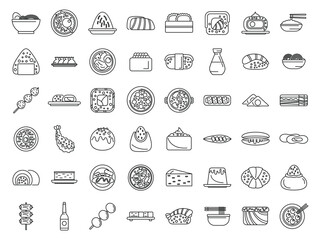Japanese food icons set outline vector. Tempura asian. Oden plate