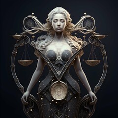 Libra zodiac sign woman porcelain skin fantasy full body hyperdetailed SuperResolution Cinematic Lighting Post Processing PostProduction Hyper realistic Photography Ultradetailed 