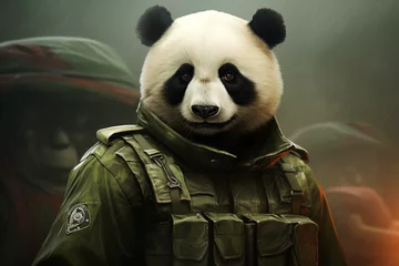 Zelfklevend Fotobehang cool panda wearing army uniform © Salawati