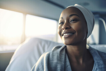 Happy African American Woman undergoing chemotherapy, cancer treatment, remission.  Portrait of bald smiling woman in the hospital. Cured patient, healthy young woman.  - obrazy, fototapety, plakaty