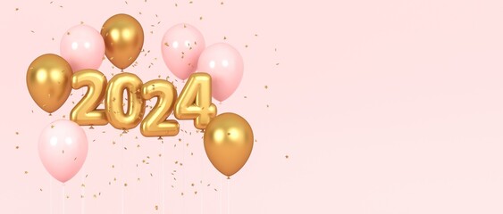 Fototapeta na wymiar Golden balls in the form of the number 2024 on a pink background. 3d rendering