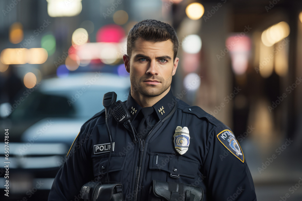 Wall mural portrait of a police officer, street background