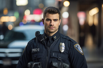portrait of a police officer, street background