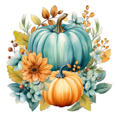 Teal pumpkin surrounded by flowers in a fall scene, for food allergy awareness trick or treating on Halloween. Isolated on white background