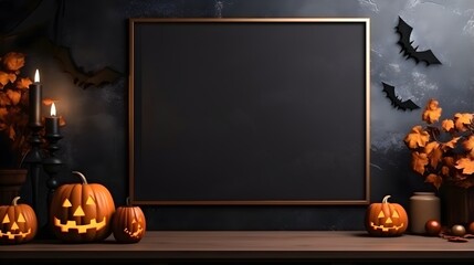 Minimalistic picture frame on a wall empty mockup template decorated with Halloween pumpkins