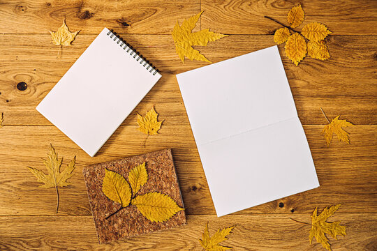 Autumn mock up open paper notebook pages with fall leaves. Autumn mockup white notebook emty space with dry maple leaves on wooden background. Flat lay. Top view.