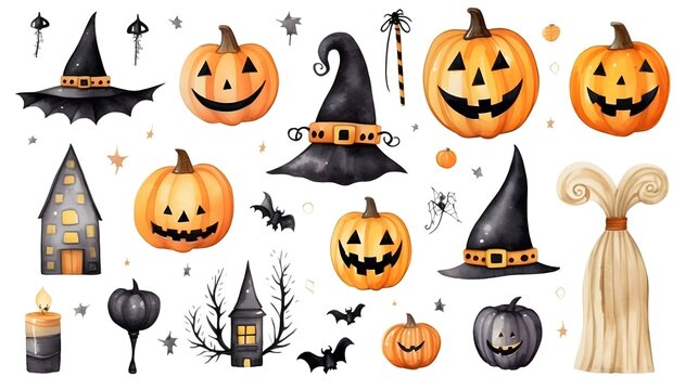 Halloween pumpkins watercolor style elements, isolated on white.