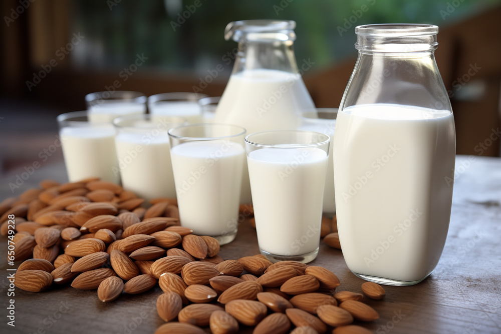 Poster A modern facility showcasing the process of turning almonds into almond milk, emphasizing the alternative to traditional dairy