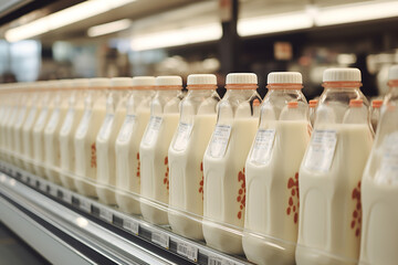 Rows of milk bottles line a supermarket shelf, offering various types of milk including whole, skim, and almond