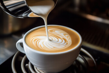 A steam wand frothing milk in a stainless steel jug, preparing for a latte that promises to be delicious - obrazy, fototapety, plakaty