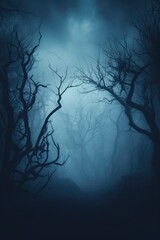 Obraz premium Misty spooky forest background, gloomy trees in scary horror foggy woods Happy Halloween dark night creepy nature mist fantasy atmosphere mystery dramatic landscape fall nightmare scenery. Copy space