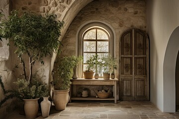 Rustic entrance charm, A Mediterranean-style hallway with an arched door welcomes you to the modern rustic interior of a farmhouse - obrazy, fototapety, plakaty