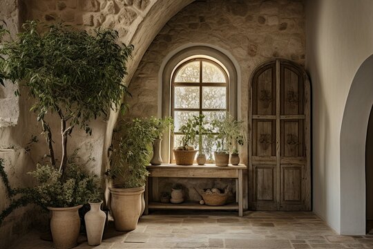 Fototapeta Rustic entrance charm, A Mediterranean-style hallway with an arched door welcomes you to the modern rustic interior of a farmhouse