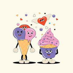 Fototapeta premium A set of funny, colorful cartoon characters. Ice cream and cupcake on a light background in groovy style. Retro design