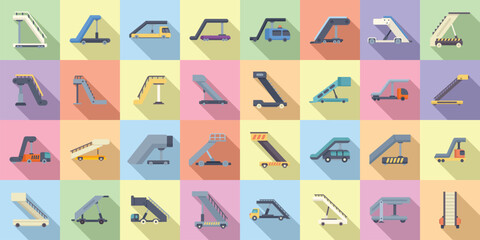 Airplane stairs icons set flat vector. Engine plane. Arrival staff