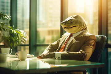 Shark like a successful businessman sits at table in the office. Sunset light in windows. Generative AI - 650750673