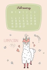 Calendar for February 2024, from Monday to Sunday. Cute llama like unicorn - llamacorn. Alpaca cartoon character. Funny animal. scandinavian style