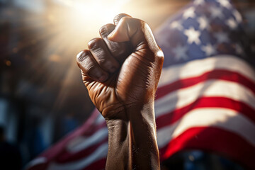 Raised fist of African American people in front of USA flag, symbolic fight gesture to protest against racism and racial discrimination, for change, justice, equality, democracy - Black Lives Matter - obrazy, fototapety, plakaty
