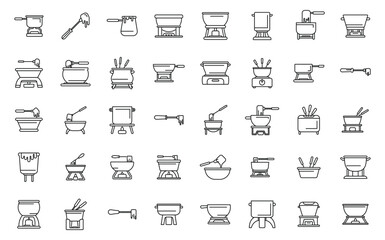 Fondue icons set outline vector. Cheese melted. Cook pot