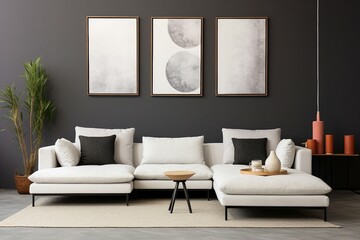 A white sofa shares space with posters and frames on a gray wall, illustrating the interior design of the modern living room.