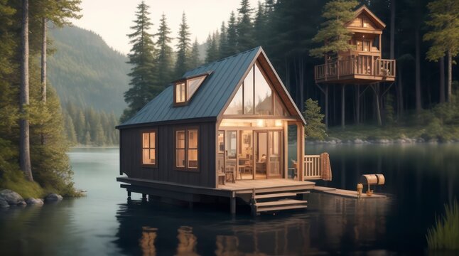 Design a 4K artwork showcasing a lakeside tiny house with intricate detail, set against a backdrop of a dense and picturesque forest