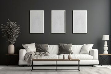 A white sofa shares space with posters and frames on a gray wall, illustrating the interior design of the modern living room.