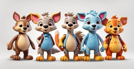 Design Five cartoon animal toy characters and isolate them on a transparent PNG background