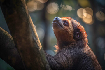 Cute sloth hanging on tree branch in the jungle, perfect of wild animal in the forest