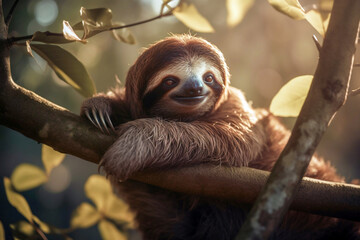 Cute sloth hanging on tree branch in the jungle, perfect of wild animal in the forest