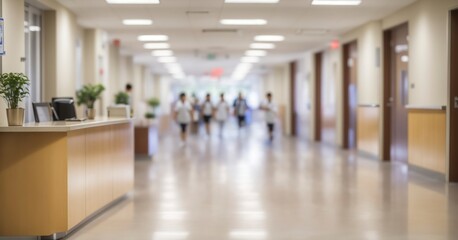 Hallway in hospital, reception area blurred