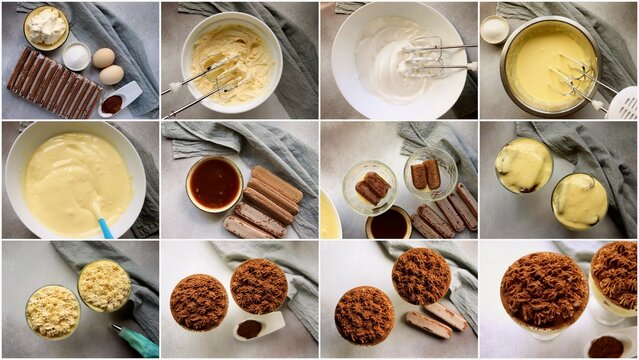 photo collage step-by-step recipe for making tiramisu dessert