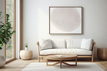 Round wooden coffee table situated near a sofa, positioned by a window and a wall with a blank mockup poster frame. Scandinavian interior design of a modern living room. - obrazy, fototapety, plakaty