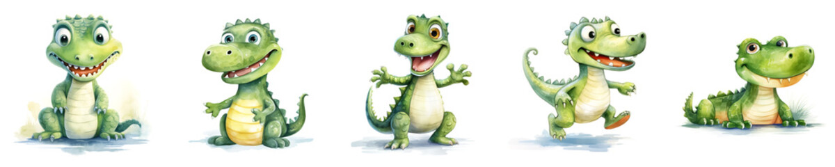 Fototapeta premium Set of baby crocodile illustrations in different poses, isolated on white background