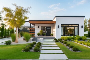 Fototapeta na wymiar A minimalist cubic house designed in a modern ranch style, featuring a terrace and meticulously landscaped front yard to enhance its residential architecture exterior.