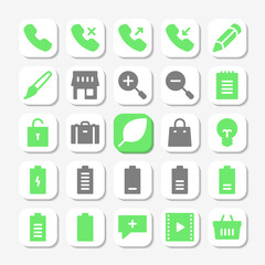 Essentials icons in glyph style for user interface, mobile and website design. Including call, contact, store, notes, battery, and others.