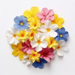 Bright composition of delicate Polyanthus flowers on a white background, top view