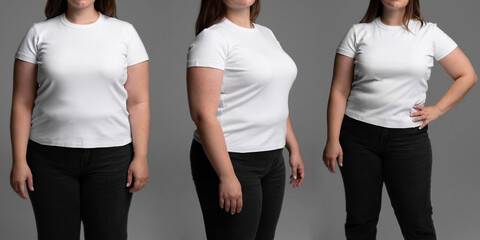 Plus size model on grey background with no face. Young female in blank white t-shirt front view....