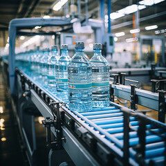 Water bottles in the industrial production process in conveyor belt line, factory process, coveyor line, background are factory - obrazy, fototapety, plakaty