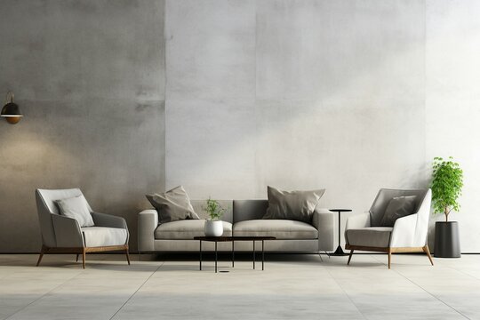 White corner sofa complemented by two armchairs and situated near a concrete panel wall, representing the minimalist interior design of a contemporary living room.