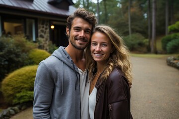 Happy young couple standing in front of new home. Husband and wife buying new house. Portrait of hugging man and woman.