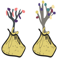 Abstract trees in a bags, cartoon illustration, vector