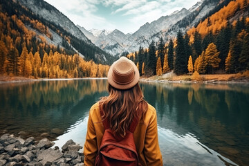Woman enjoying beauty of nature looking at mountain lake forest. Autumn adventure travel background - obrazy, fototapety, plakaty