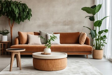 Beige velvet sofa adorned with terra cotta cushions, nestled among houseplants. A wooden round coffee table sits adjacent to an ottoman atop a knitted rug, showcasing the Scandinavian interior design 