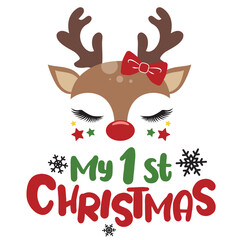 My first Christmas vector illustration with cute deer face. Girls Christmas design isolated good for Xmas greetings cards, poster, print, sticker, invitations, baby t-shirt, mug, gifts.