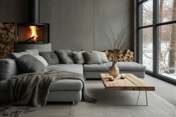 A grey daybed sofa positioned against a fireplace, capturing the essence of rustic Scandinavian home interior design within a modern living room.