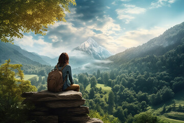 Woman enjoying beauty of nature looking at mountain forest. Adventure travel background