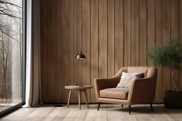 A brown chair and beige sofa thoughtfully arranged by a window in a spacious room with wooden paneling on the walls. This exemplifies the Scandinavian style of home interior design within a modern liv