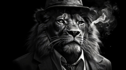 Lion mafia boss, tuxedo. Generative AI	