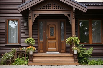 The main entrance door of a house, characterized by a wooden front door with a gabled porch and landing. This exterior view showcases the Georgian style of a home cottage with imposing columns. - obrazy, fototapety, plakaty