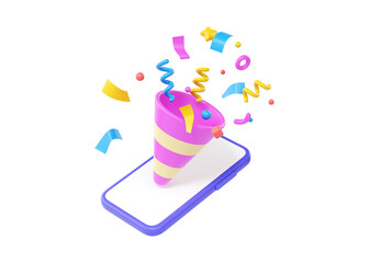 3d phone with confetti, winner celebrate party cartoon render illustration. Cute call device with birthday explode
